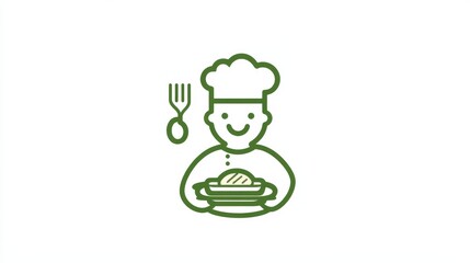 Wall Mural - Logo of a Chef Holding a Platter with Steam, Green and Black Color Scheme on White Background, with Copy Space.