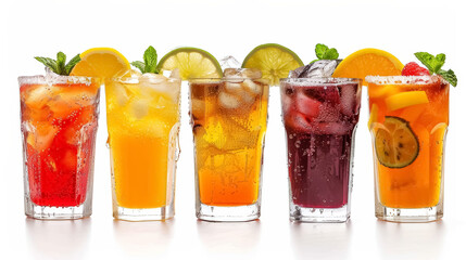 assorted iced fruit drinks with fresh garnishes on white background