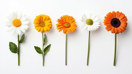 Poster - A row of five flowers, including white and orange daisies