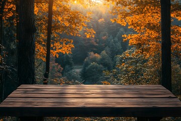 Serene forest view at sunset with a wooden table.