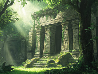 A hand-drawn illustration of an ancient stone temple in the jungle