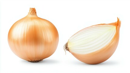 Wall Mural - Two onions, one whole and one cut in half, are shown on a white background