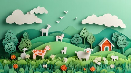 Vibrant Paper Cut Image of a Farm Animal Sanctuary with Happy, Free-Range Animals , represent savings, financial planning, or the concept of money growing