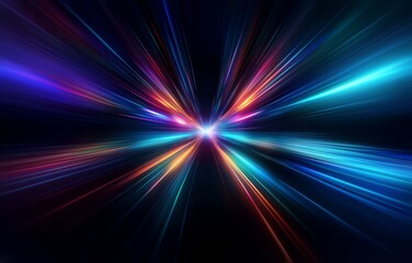 Poster - Abstract background with bright lines of light in various colors converging on a central point against a dark background.
