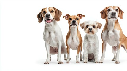 Four dogs are standing in a row, with one of them being a white dog