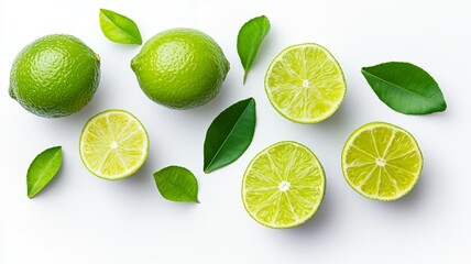 Wall Mural - A bunch of lime slices and leaves are spread out on a white background