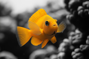 Black and white photo of a yellow tang fish among coral in the ocean Color Splash Art 