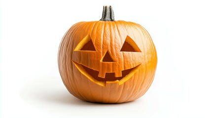 A pumpkin with a carved face is sitting on a white background