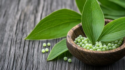 A bowl of green pills is on a wooden table