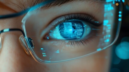 Close-up of a Human Eye with Digital Information Reflected in the Lens of Glasses