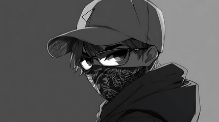 Sticker - Anime Male Character Wearing Face Mask, Cap and Glasses, Black and White Illustration