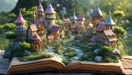 Enchanted fairytale book featuring a pop-up fantasy scene of a whimsical fairy garden village brought to life by Generative AI