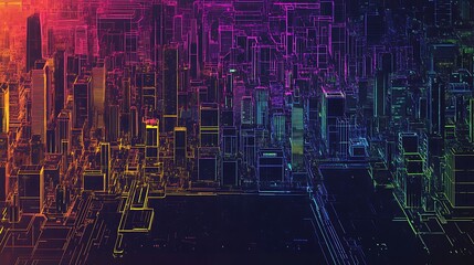 Poster - Abstract neon city skyline with purple, red, yellow, and blue glow. Digital art, cyberpunk style.