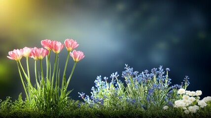 Poster - A beautiful garden with a variety of flowers including pink tulips