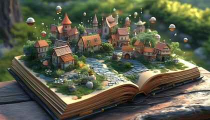 Enchanted fairytale book featuring a pop-up fantasy scene of a whimsical fairy garden village brought to life by Generative AI