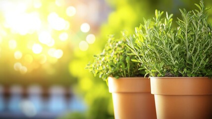 Two potted plants with green leaves sit on a table in front of a bright sun