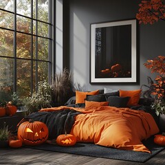 Poster - Cozy Halloween bedroom with orange and black bedding, pumpkins, and a large window