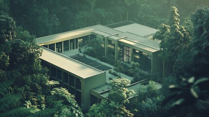 Modern house in the forest with a swimming pool and patio