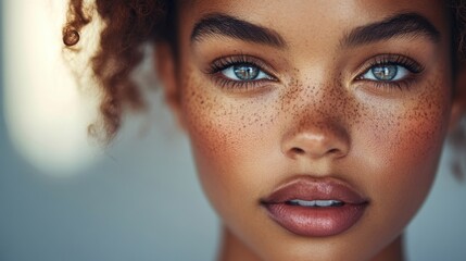 Close-up Portrait of a Woman with Freckles and Blue Eyes