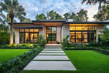 Wall Mural - Modern house with lush landscaping and large windows.