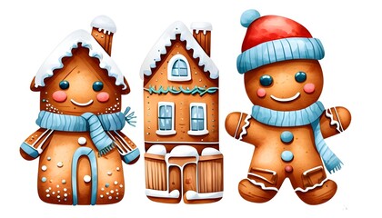 Wall Mural - whimsical watercolor illustration of adorable gingerbread character in winter attire beside a cozy house on a clean white background