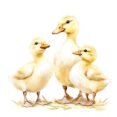 Canvas Print - Mother Duck and her Ducklings, Watercolor Illustration.