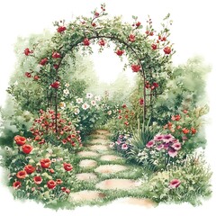 Wall Mural - Watercolor Painting of a Garden Path with a Rose Archway.