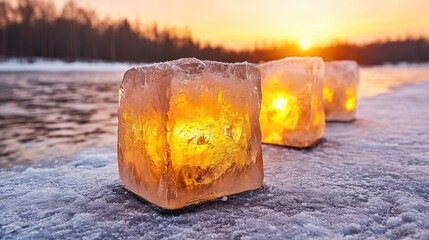 Wall Mural - Illuminated Ice Lanterns at Sunset on Frozen Lake