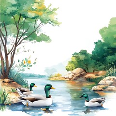 Wall Mural - Ducks swimming in a tranquil lake surrounded by lush greenery.