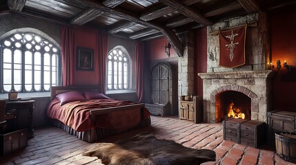 Sticker - Medieval bedroom interior with fireplace, bed, and wooden beams. Interior design, history, and fantasy concept