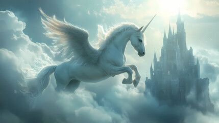 Wall Mural - majestic winged unicorn in ethereal celestial castle floating amidst serene skies and clouds. hippog
