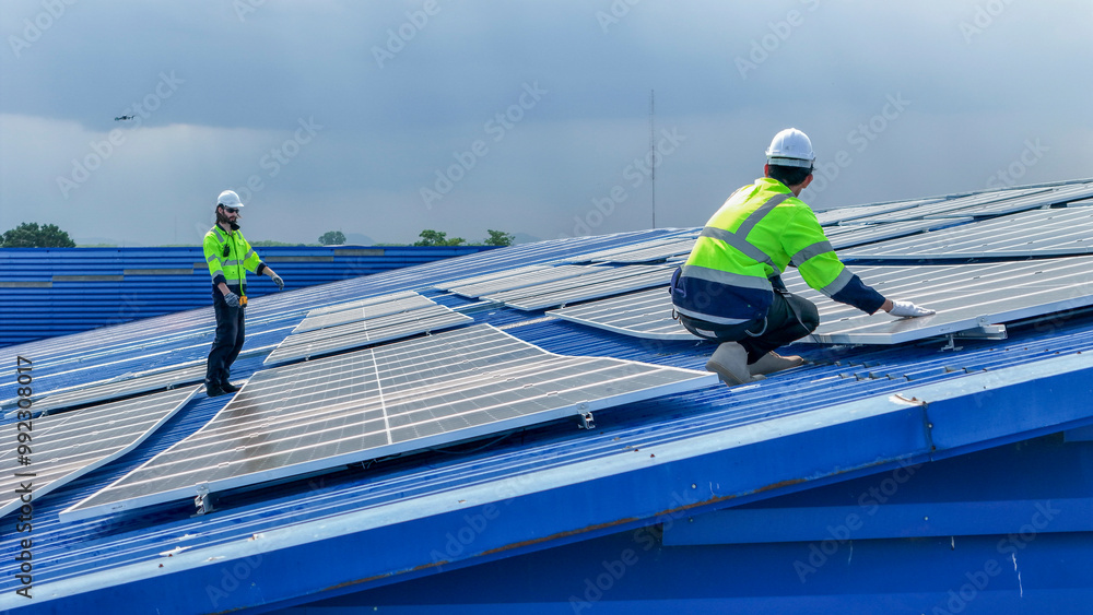 Worker Technicians are working to construct solar panels system on roof ...