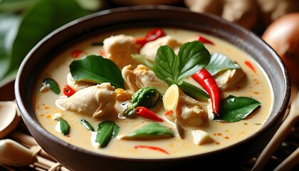 Vibrant close-up of Tom Kha Kai, a traditional Thai chicken soup infused with aromatic galangal and creamy coconut milk