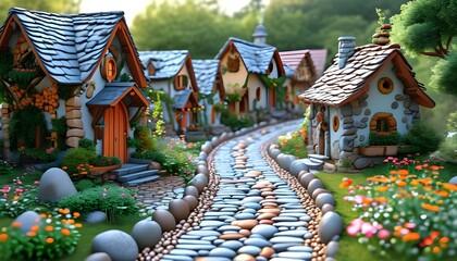 whimsical fairy house village nestled in a garden with charming pebble-paved pathways