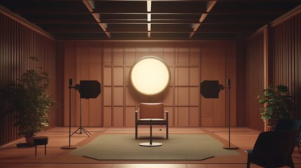 Poster - Minimalist interior design with a single chair and a round window in a wooden room