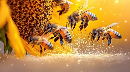 Wall Mural - Bees Pollinating Sunflower Close Up Macro Shot