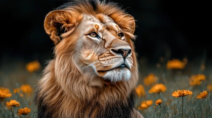 Wall Mural - Majestic Lion Portrait with Yellow Flowers in the Background