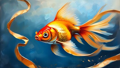 Elegant goldfish with flowing ribbon tail in vibrant oil painting style