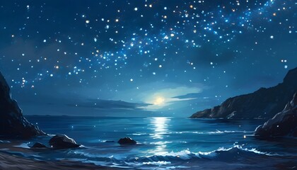 Enchanting seascape with a shimmering starry sky, perfect for captivating background wallpaper