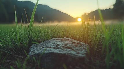 Poster - Stone In Grass Field With Sunrise Background