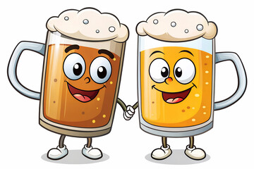 Wall Mural - Two cartoon beer mugs holding hands, celebrating Oktoberfest