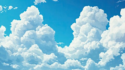 Puffy cumulus clouds floating lazily in the blue sky, creating a peaceful, bright day with soft white shapes.