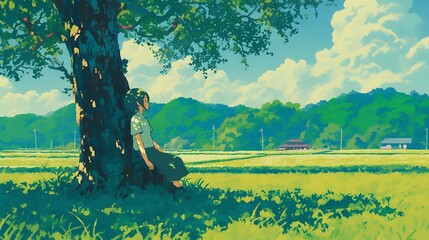 Wall Mural - Woman sitting alone under tree in nature field landscape