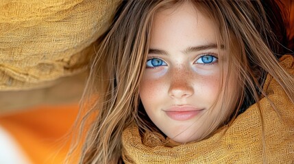 Portrait of a Young Girl with Blonde Hair and Blue Eyes  Wearing a Brown Scarf