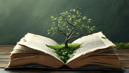 Literary Oasis: Tree Blossoming Between Book Pages in a Vibrant Green Scene