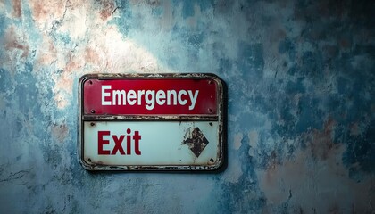 Rusted Emergency Exit Sign on a Weathered Blue Wall