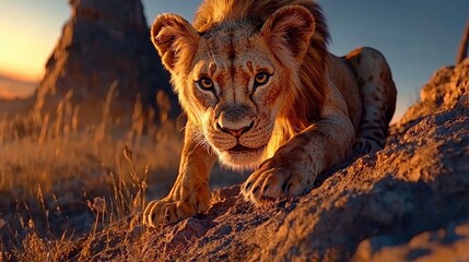 Wall Mural - Lion Cub Close Up Portrait in Golden Sunset Light