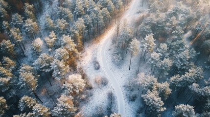 Wall Mural - Aerial View of a Snow-Covered Forest with a Winding Path