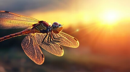 Wall Mural - Dragonfly at Sunset with Golden Wings and Blurred Background