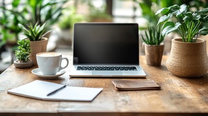 Poster - Laptop, Notebook, and Coffee on a Wooden Table with Plants